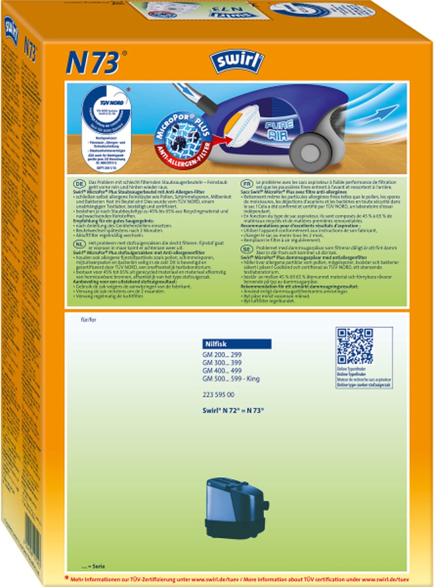 Swirl N72 N73 stofzuigerzakken - 4 stuks + 1 filter - Geschikt voor Niflisk GM200 series - GM300 series - GM400 series - GM500 King series