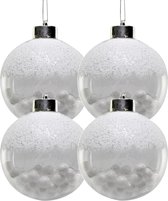 4x Witte kunststof kerstballen met sneeuwballetjes 8 cm - Kerstboomversiering - Kerstversiering/kerstdecoratie wit