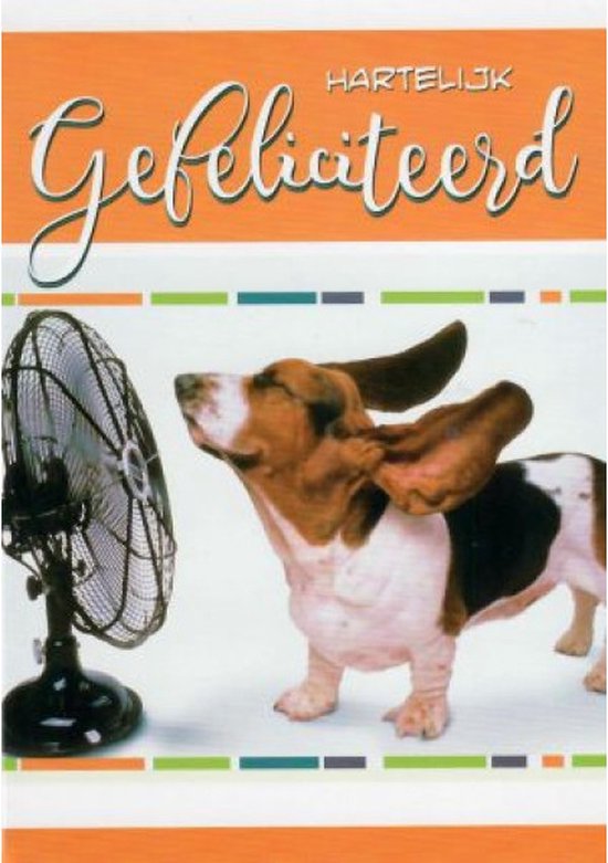 Hartelijk gefeliciteerd! Een grappige kaart met een hond voor de ventilator. Een leuke kaart om zo te geven of om bij een cadeau te voegen. Een dubbele wenskaart inclusief envelop en in folie verpakt.