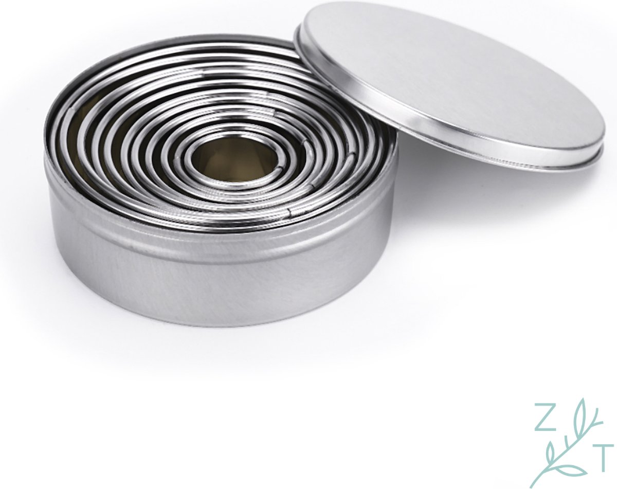 ZijTak - Uitsteekvorm set - Rond - Ringen - 12 stuks - Cirkel - Metalen doos - Roestvrij staal - Cookie cutter - Uitsteekvormen - Tartaar - Bakken - Koken