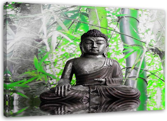 Trend24 - Canvas Schilderij - Boeddha Met Bladeren - Schilderijen - Oosters - 100x70x2 cm - Groen