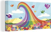Canvas Schilderij Een illustratie van een regenboog over een bloemenveld - 80x40 cm - Wanddecoratie