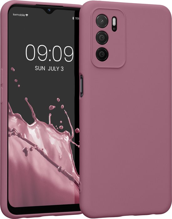 Coque en TPU rose foncé à côté d'un smartphone avec une encoche goutte d'eau. L'heure est 09:09.