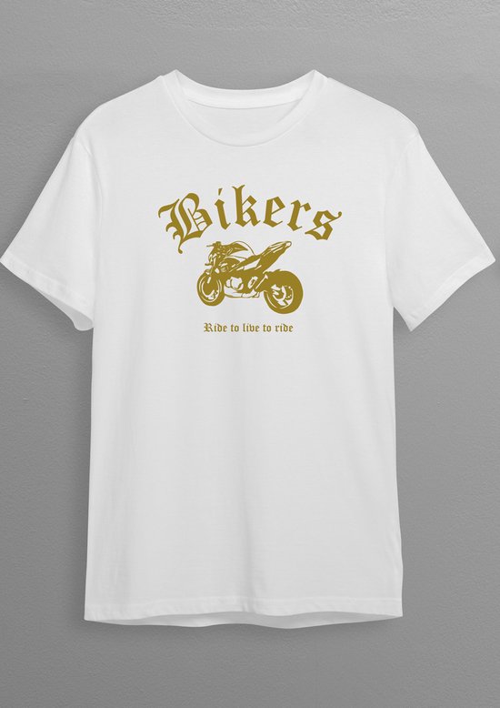 Vélo nu | chemise de motard | Tee-shirt Wit | impression d'or | L