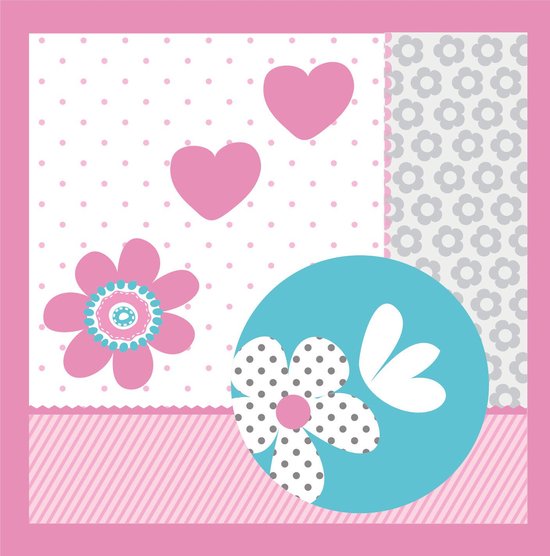 Patroon met roze bloemen, gestreepte band, hartjes en stippen in roze, grijs en blauw.