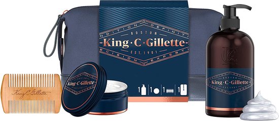 King C. Gillette Scheerset, Cadeauset Voor Heren, Toilettas met Baard- En Gezichtsreiniger, Balsem En Kam, Vaderdagcadeau