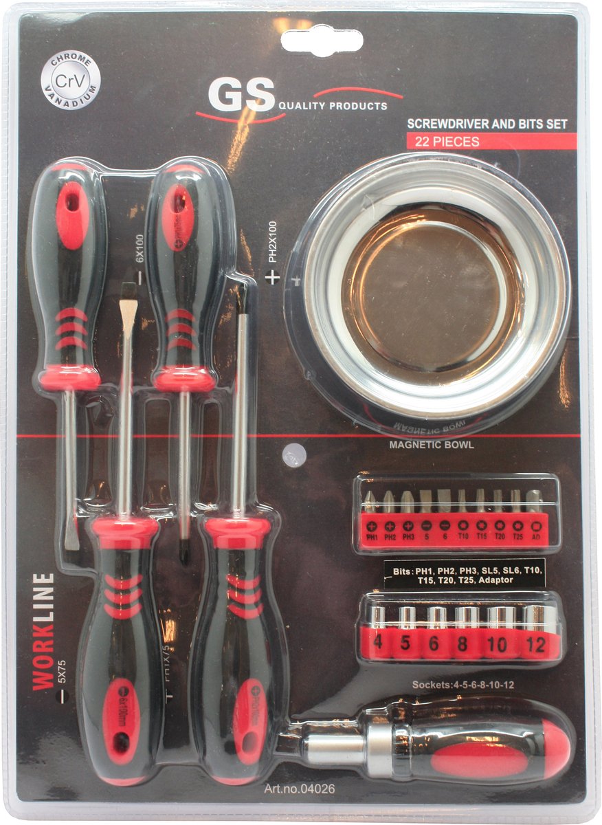 GS gereedschapset 22-delig - Schroevendraaierset + Bitset + Doppenset + Magneetschaal