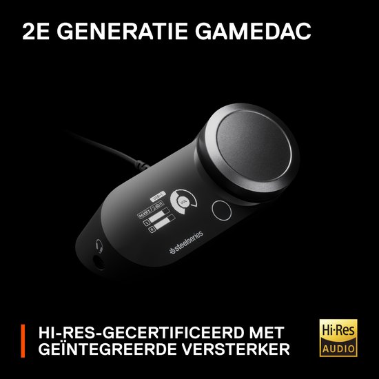 Een zwarte "2E GENERATIE GAMEDAC" met een draaiknop, een "Hi-Res Audio" logo en de tekst "HI-RES-GECERTIFICEERD MET GEÏNTEGREERDE VERSTERKER".