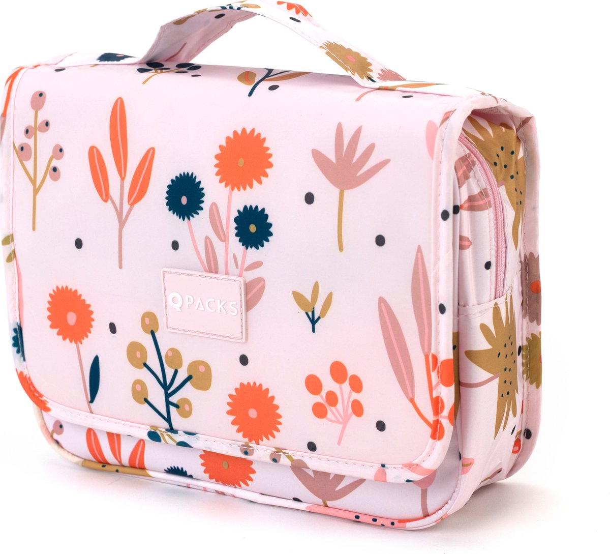 Qpacks - Flower Power Toilettas - Waterproof - Ophangbaar - Beautycase – Roze - Qpacks