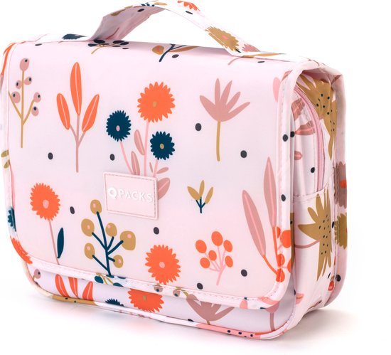 Qpacks - Flower Power Toilettas - Waterproof - Ophangbaar - Beautycase – Roze
