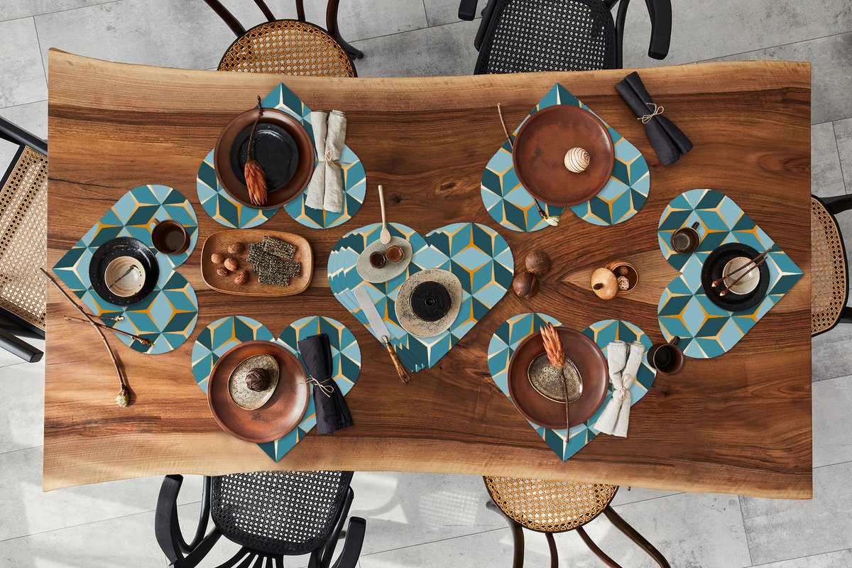 Onderleggers - Placemats - Placemats hartje - Goud - Blauw - Patroon - 10 stuks