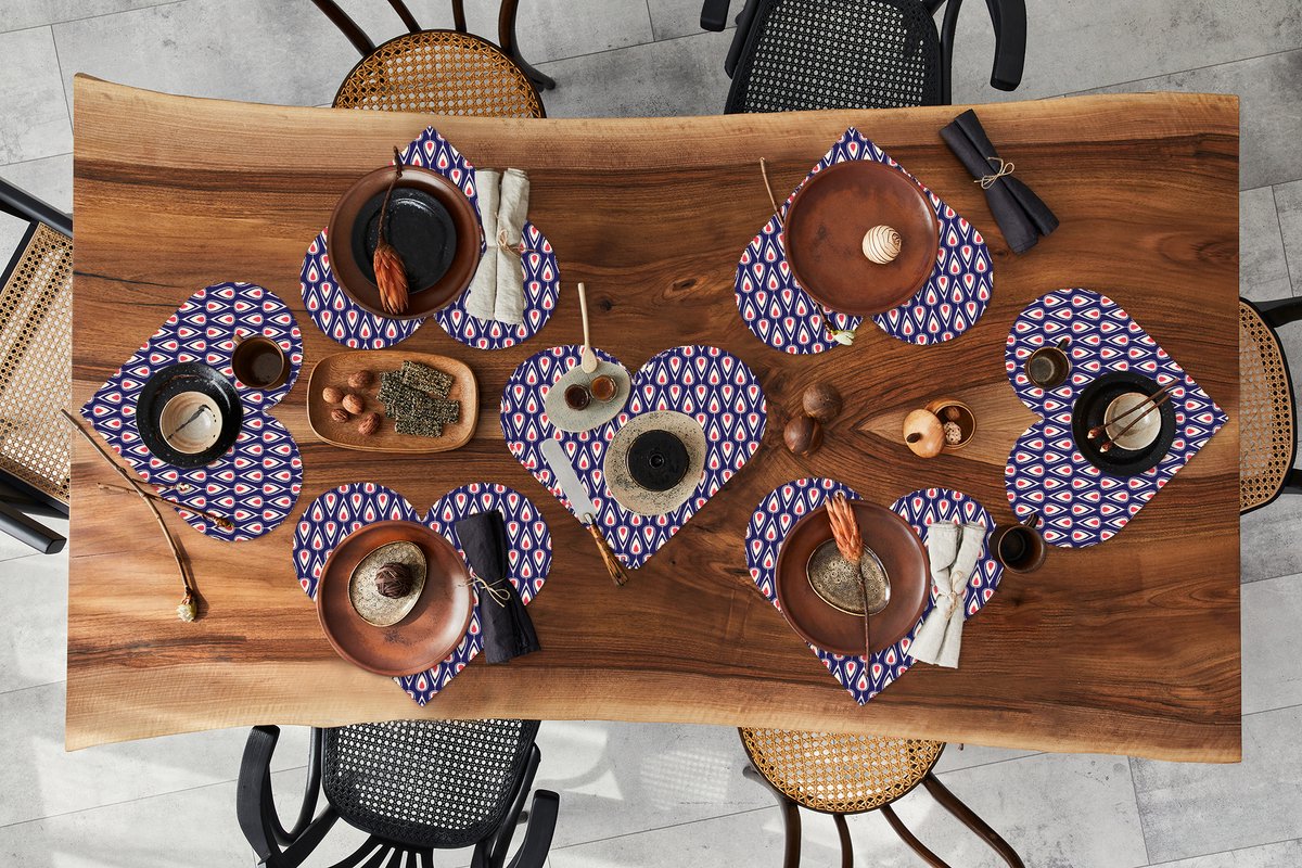 Onderleggers - Placemats - Placemats hartje - Patronen - Vintage - Blauw - Rood - 8 stuks
