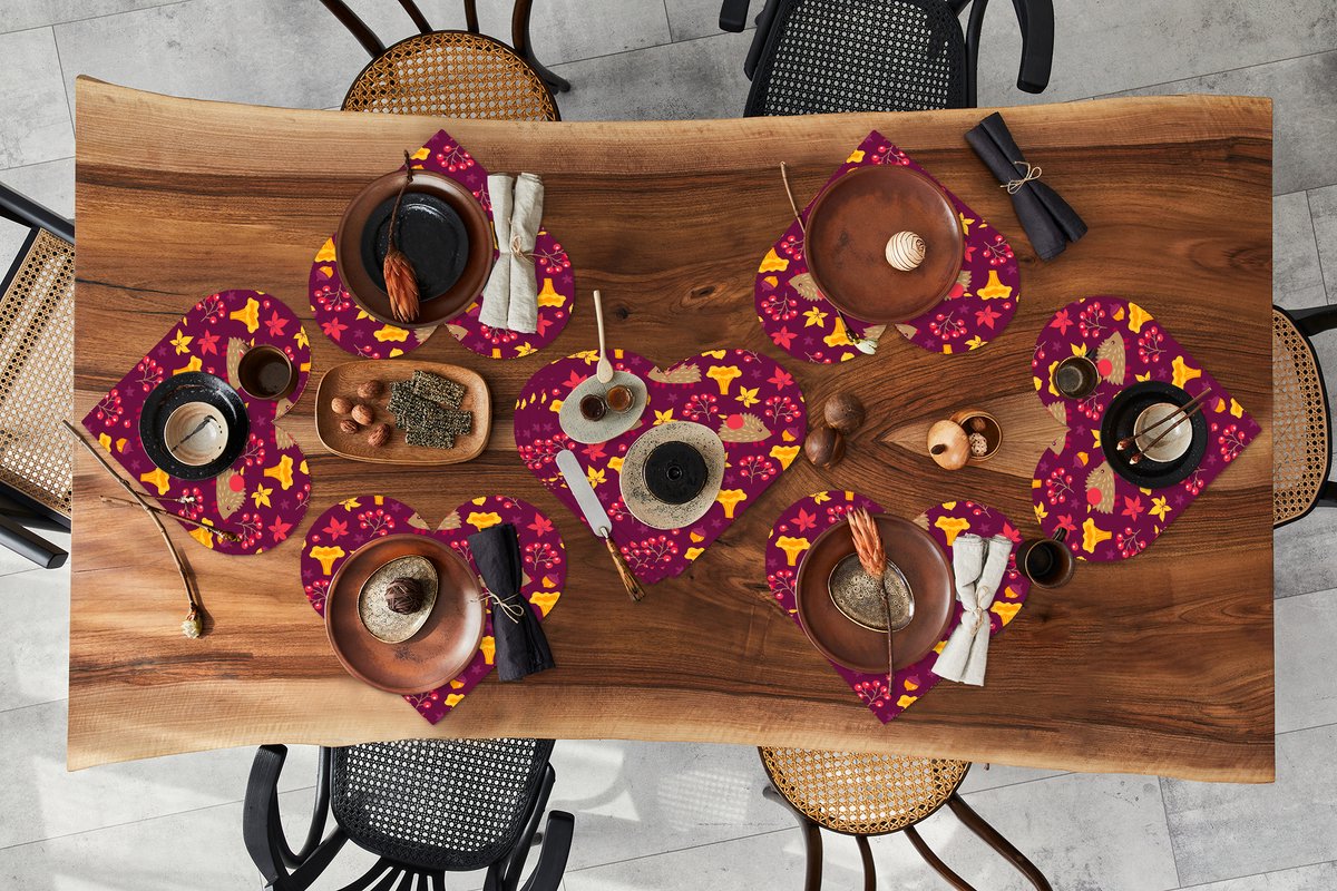 Onderleggers - Placemats - Placemats hartje - Egel - Paddenstoel - Patronen - 10 stuks