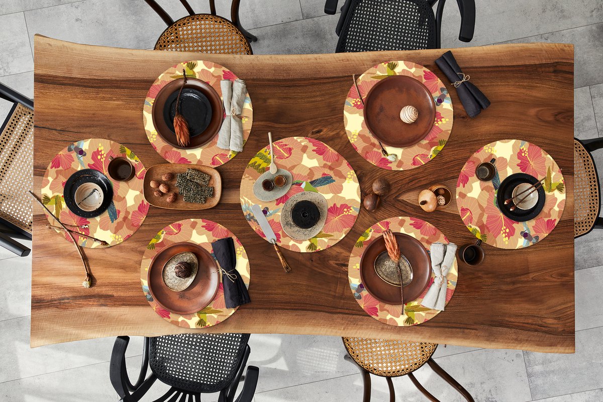 Ronde placemats - Onderlegger - Placemats rond - Vogel - Bloemen - Patronen - Kolibrie - 10 stuks