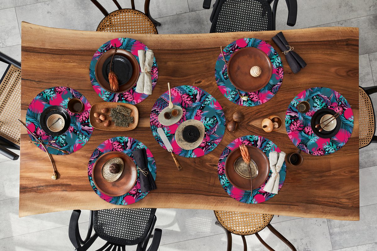 Ronde placemats - Onderlegger - Placemats rond - Bladeren - Hawaii - Design - Roze - Blauw - 10 stuks