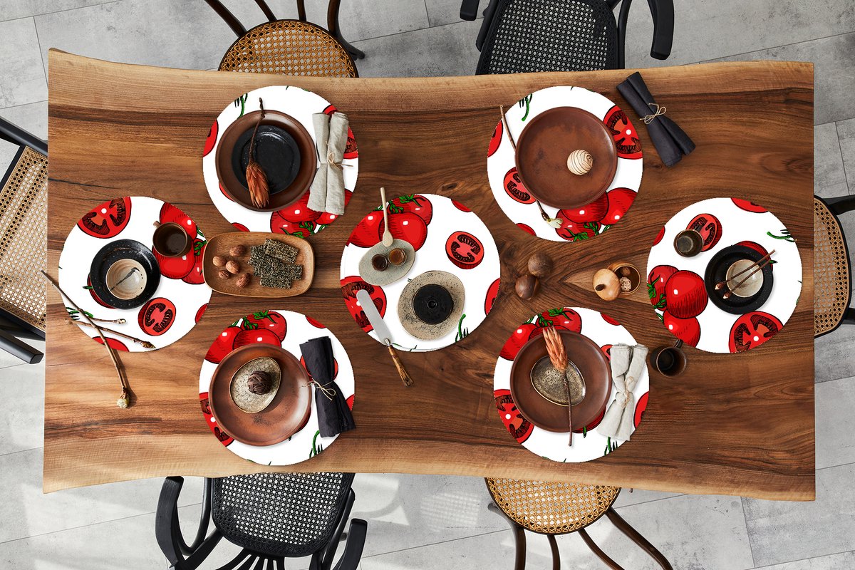 Ronde placemats - Onderlegger - Placemats rond - Rood - Patronen - Tomaten - 8 stuks