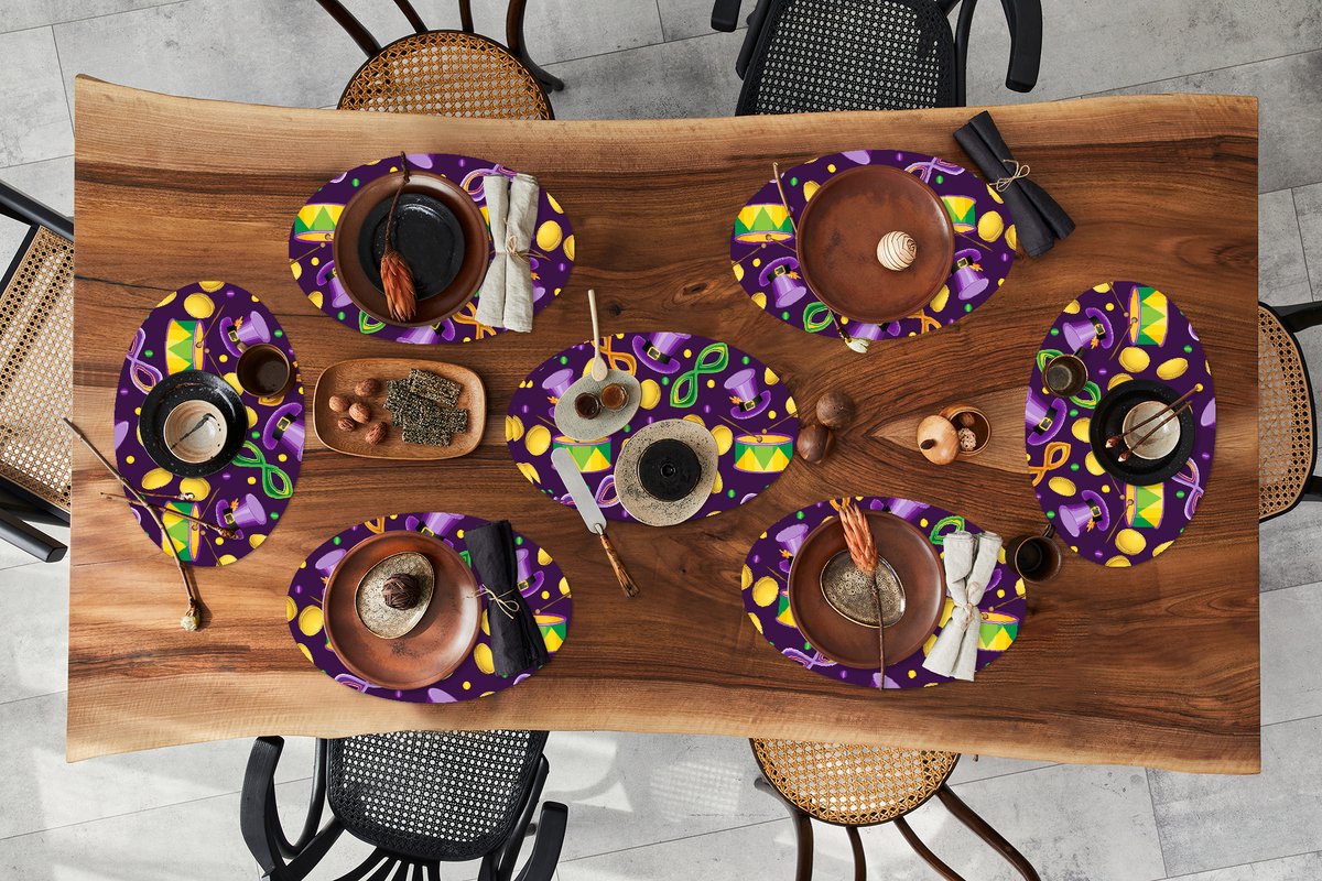 Placemats ovaal - Onderleggers - Ovale placemats - Carnaval - Feest - Paars - Patronen - 8 stuks