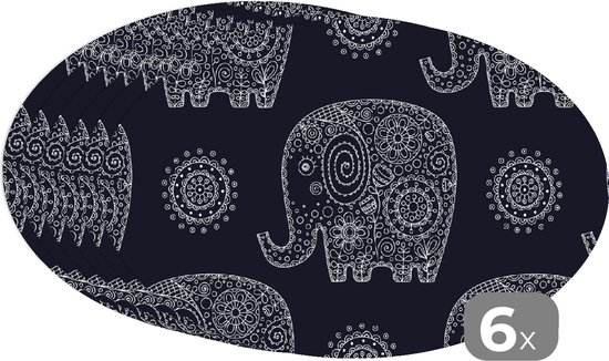 Napperons ovales - Sous-verres - Sets de table ovales - Motif - Éléphant - Fleurs - 6 pièces