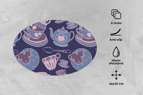 Napperons de table ovales - Dessous de verre - Sets de table ovales - Motif - Thee - Tasse - Théière - 6 pièces