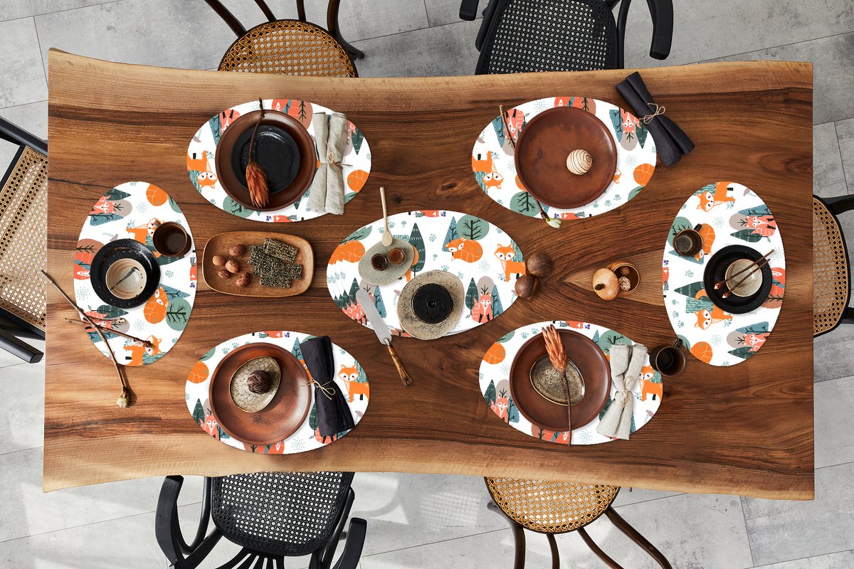 Placemats ovaal - Onderleggers - Ovale placemats - Patronen - Vos - boom - 10 stuks
