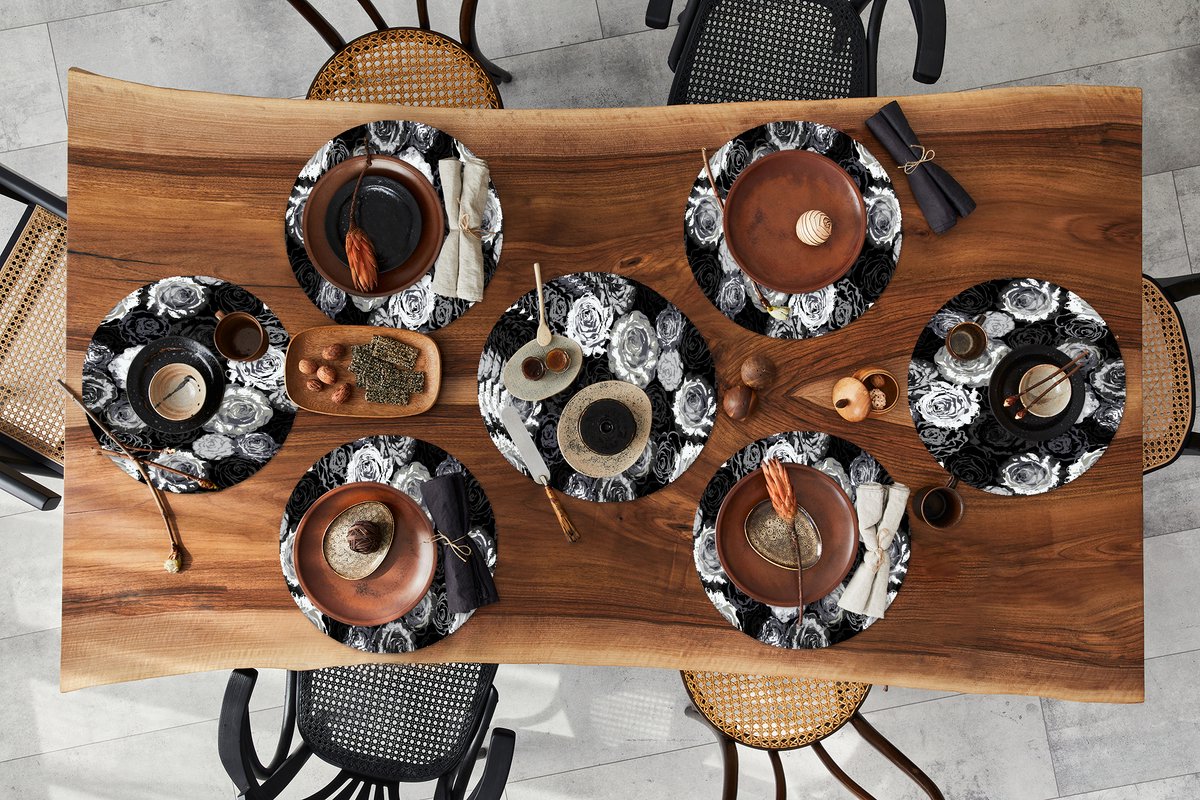Ronde placemats - Onderlegger - Placemats rond - Rozen - Zwart Wit - Patronen - 10 stuks