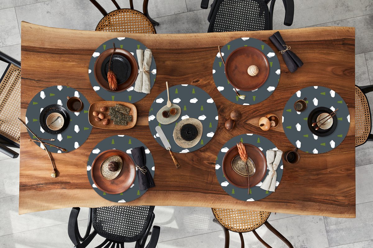 Ronde placemats - Onderlegger - Placemats rond - Bomen - Konijn - Patroon - 8 stuks