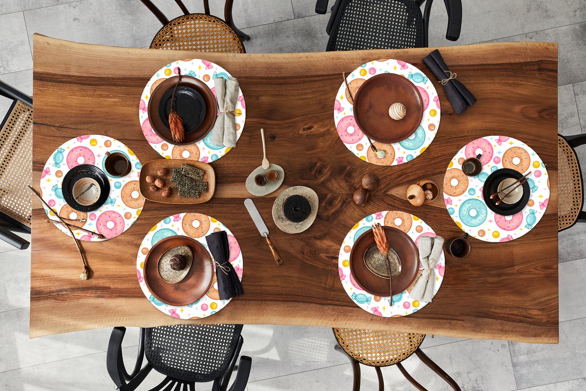 Ronde placemats - Onderlegger - Placemats rond - Snoep - Donuts - Patronen - 6 stuks