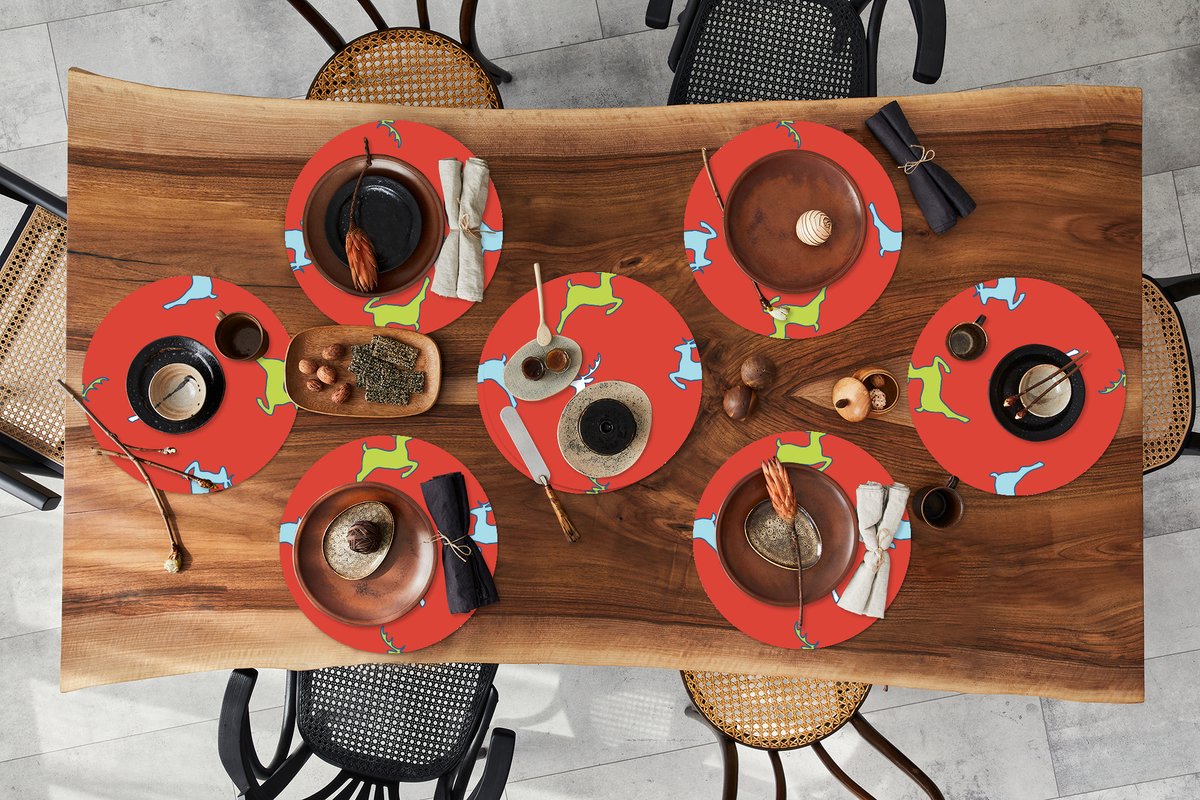 Ronde placemats - Onderlegger - Placemats rond - Patroon - Hert - Rood - 8 stuks