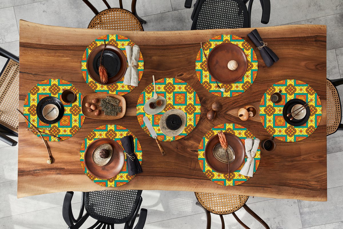 Ronde placemats - Onderlegger - Placemats rond - Patchwork - Retro - Bloemen - Design - 8 stuks