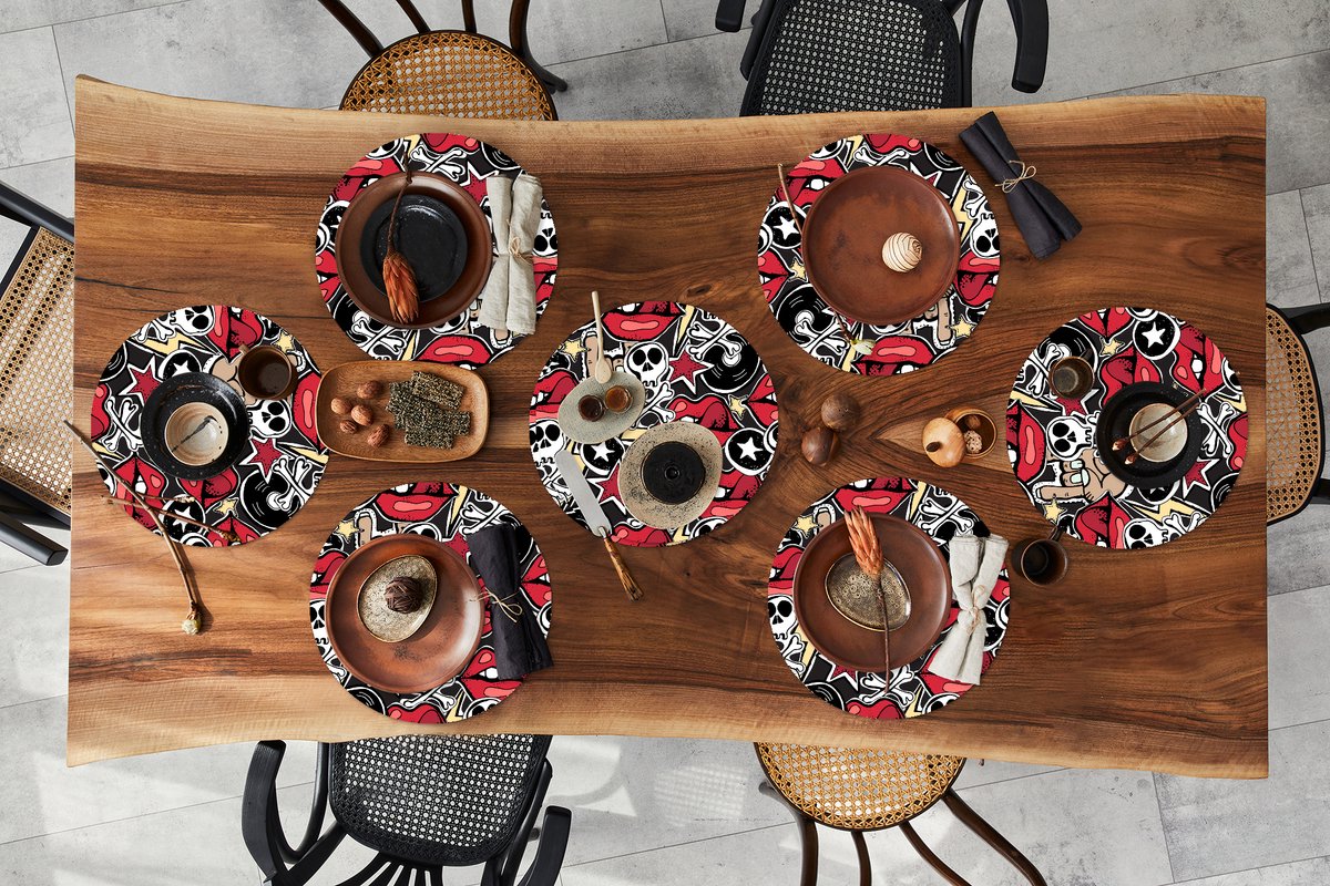 Ronde placemats - Onderlegger - Placemats rond - Rock - Rock 'n roll - Patroon - Doodshoofd - 8 stuks