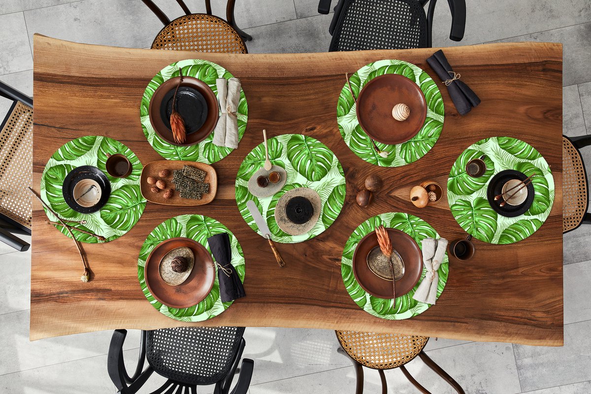 Ronde placemats - Onderlegger - Placemats rond - Monstera - Palmblad - Patronen - 8 stuks