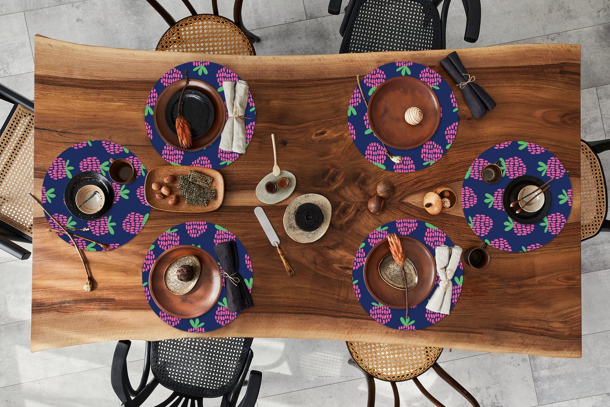 Ronde placemats - Onderlegger - Placemats rond - Patroon - Framboos - Retro - 6 stuks