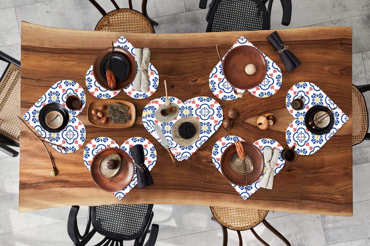 Onderleggers - Placemats - Placemats hartje - Bloem - Blauw - Rood - Patroon - 10 stuks