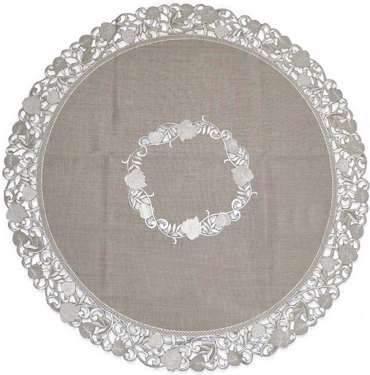 Tafelkleed - Linnenlook - Taupe met blaadjes - Rond 75 cm