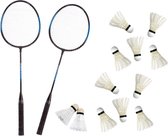 Badminton set blauw/zwart met 12x shuttles en opbergtas voor volwassenen