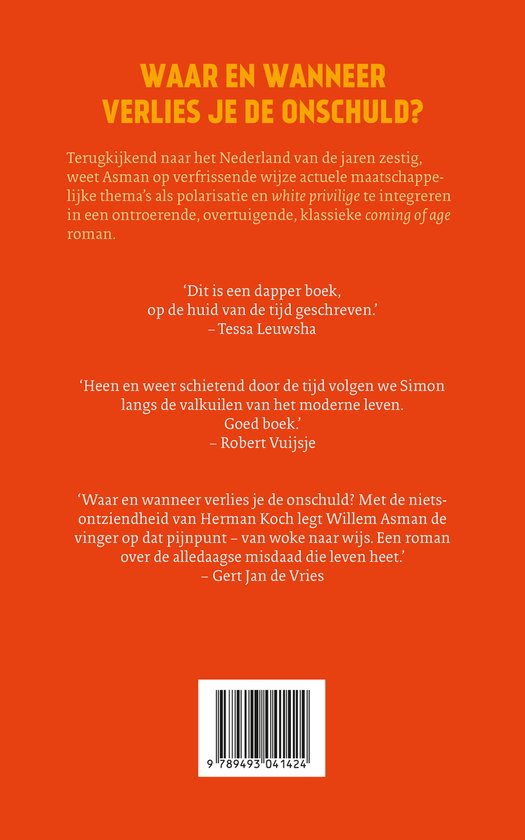 Oranje achtergrond met de tekst 'WAAR EN WANNEER VERLIES JE DE ONSCHULD?' en citaten uit recensies. Onderin een streepjescode.