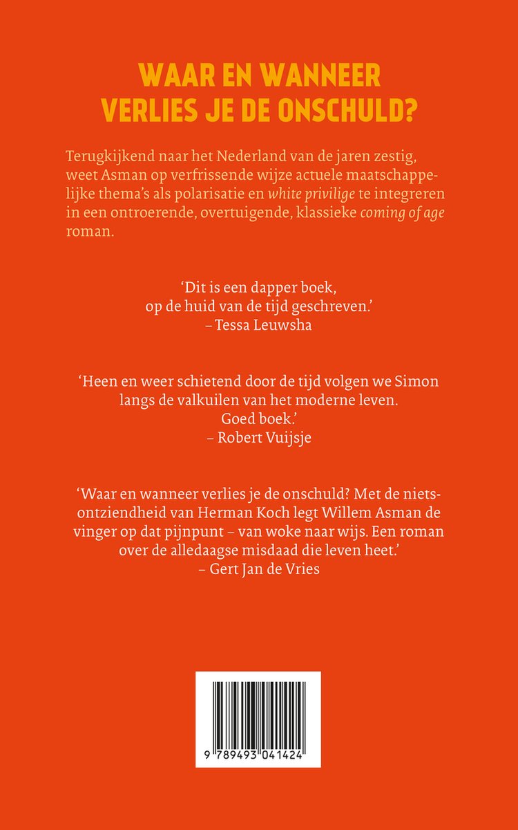 Oranje achtergrond met de tekst 'WAAR EN WANNEER VERLIES JE DE ONSCHULD?' en citaten uit recensies. Onderin een streepjescode.
