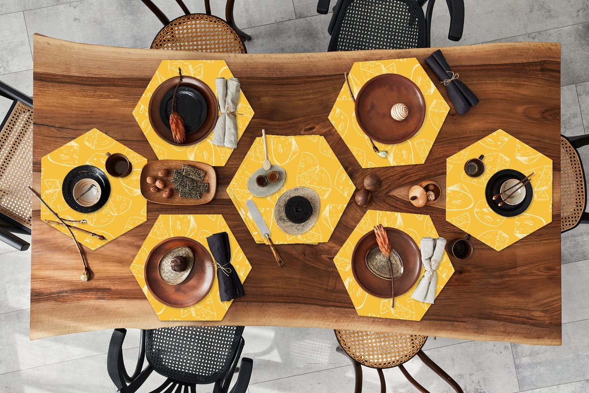 Placemats hexagon - Onderleggers placemats - Placemat zeshoek - Kaas - Geel - Design - 10 stuks