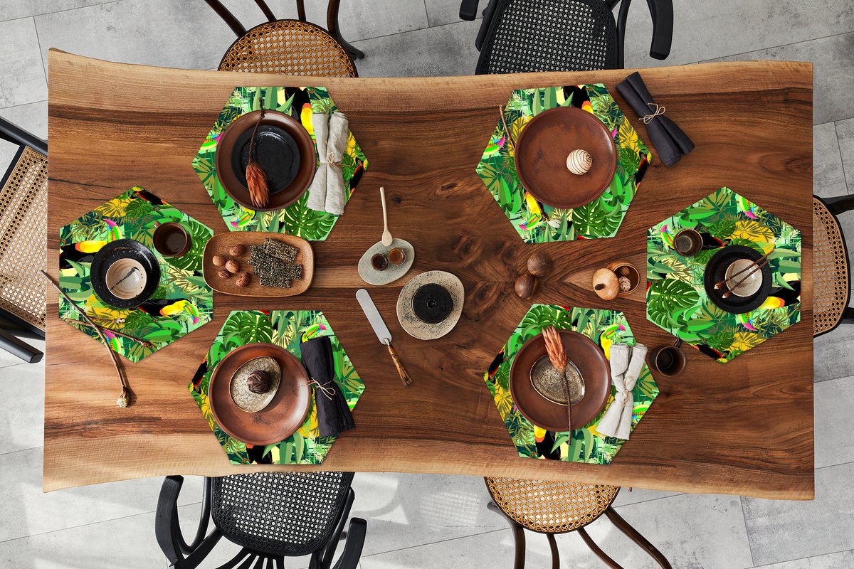 Placemats hexagon - Onderleggers placemats - Placemat zeshoek - Vogel - Patronen - Jungle - 6 stuks