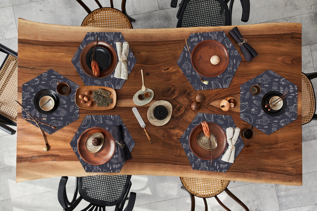 Placemats hexagon - Onderleggers placemats - Placemat zeshoek - Patronen - Vogel - Uil - 6 stuks