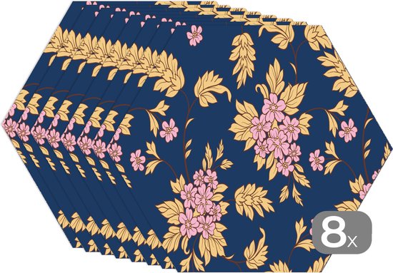 Napperons de table hexagon - Sets de table sets de table - Set de table hexagone - Fleur - Feuilles - Rose - Goud - Motifs - 8 pièces