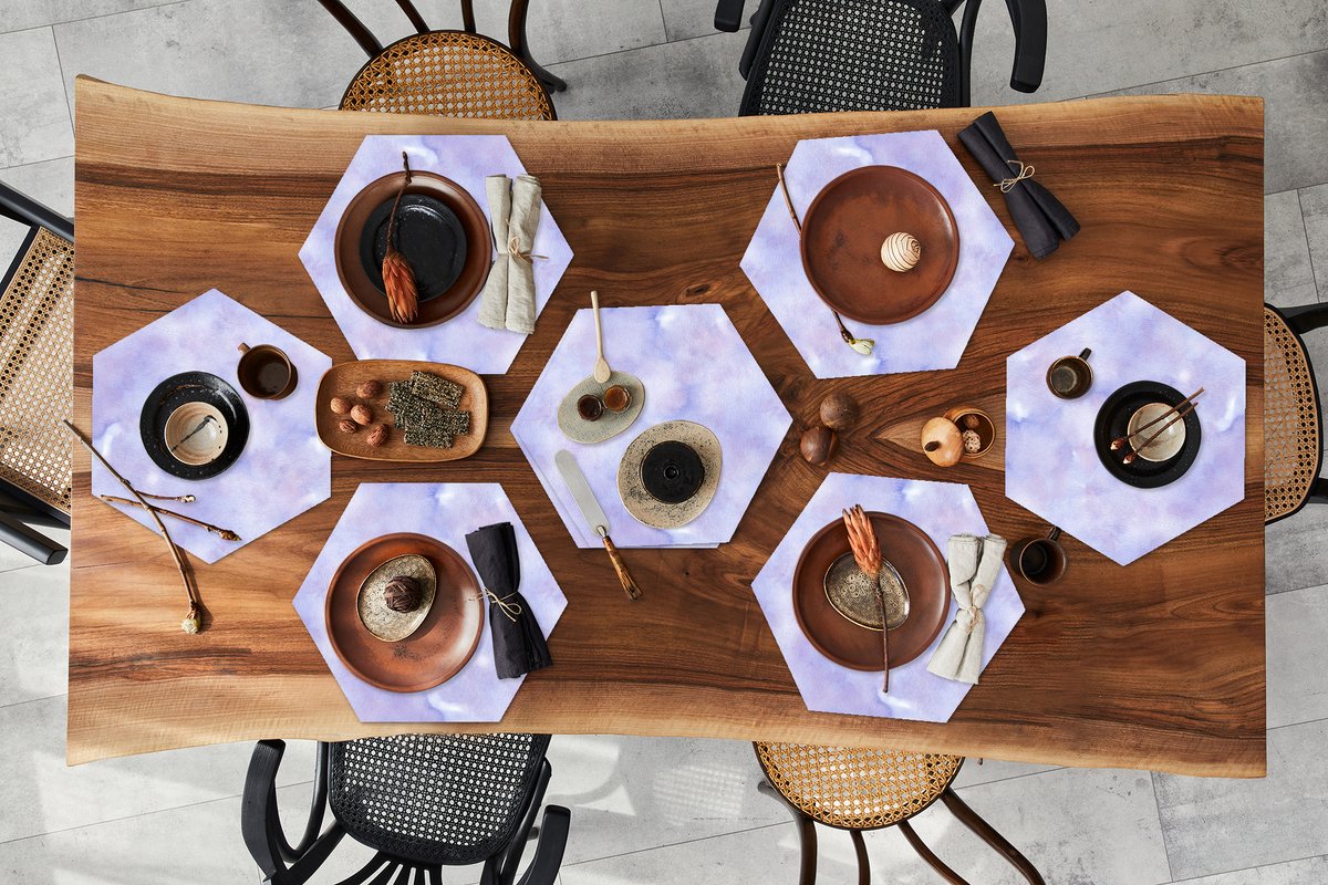 Placemats hexagon - Onderleggers placemats - Placemat zeshoek - Waterverf - Patroon - Paars - 8 stuks