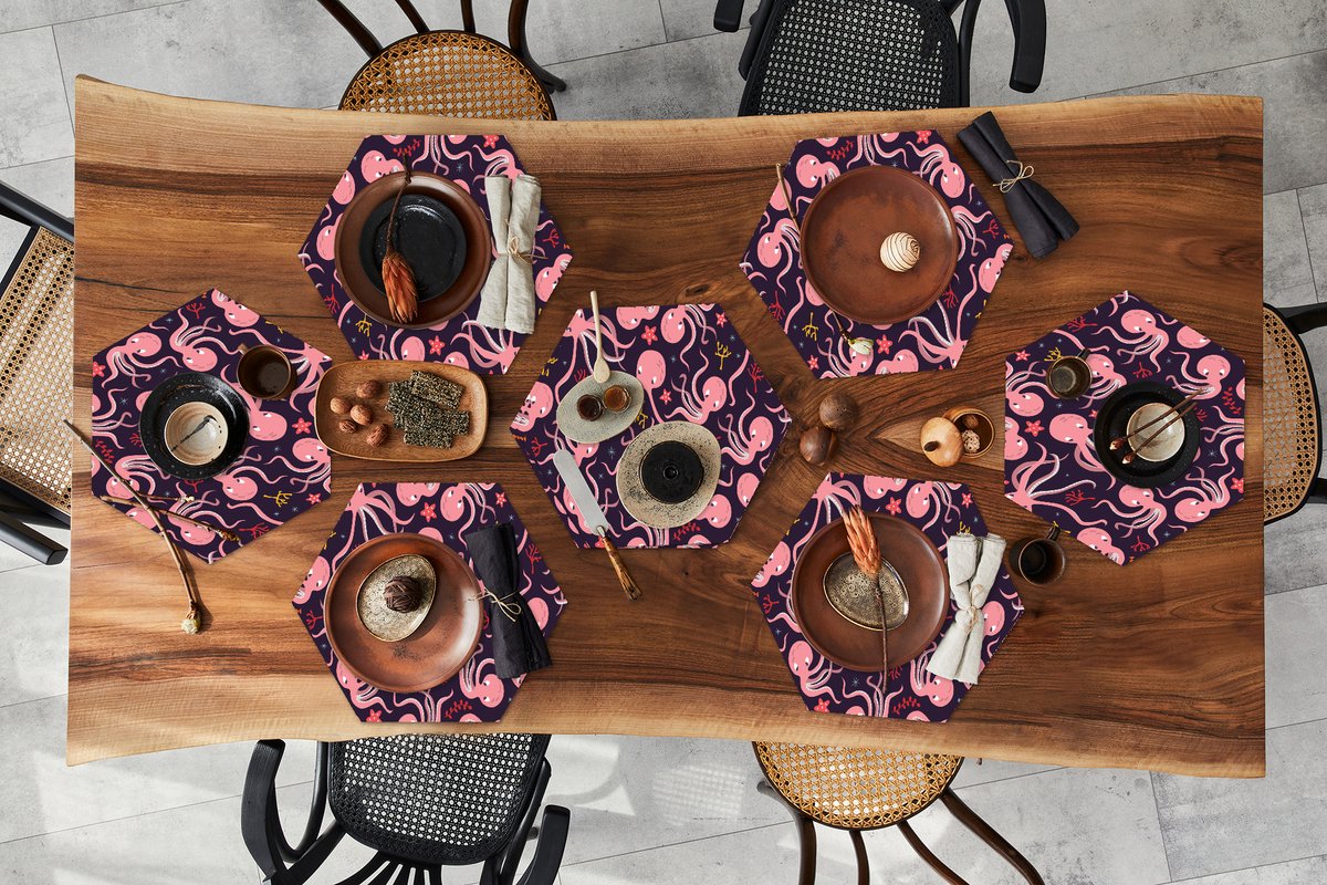 Placemats hexagon - Onderleggers placemats - Placemat zeshoek - Octopus - Baby - Design - 8 stuks