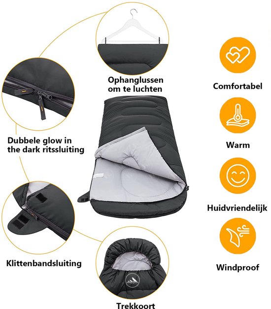 Hikemeister ® mummy slaapzak 1600 gram - kamperen - Zwart - ca. 220 x 80 cm - met Binnenzak - Comfortzone: 0°C tot 15°C graden - Draagtas van Hikemeister — afbeelding 3