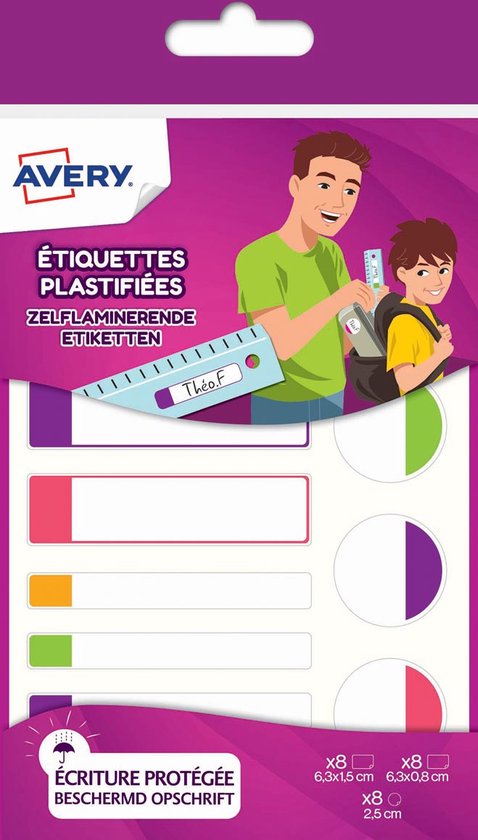 Étiquettes plastifiées Avery pour fournitures scolaires, lot de 24 étiquettes aux formats et couleurs variés.