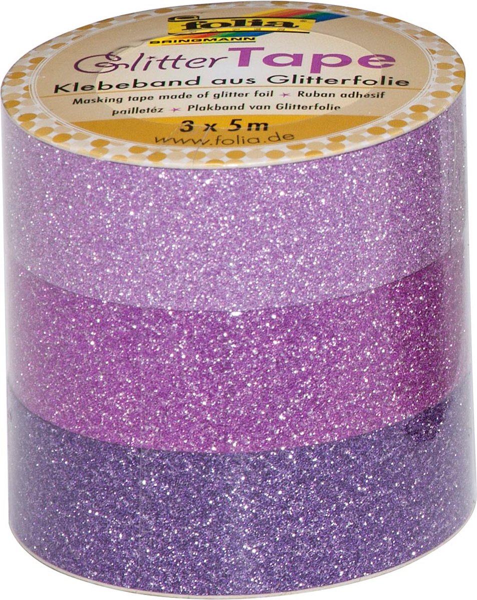 Folia glittertape roze en paars rolletje met 3 stuks