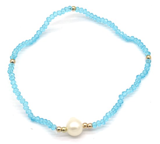 Armband Dames - Zoetwaterparel en Glaskralen - Elastisch - Marineblauw