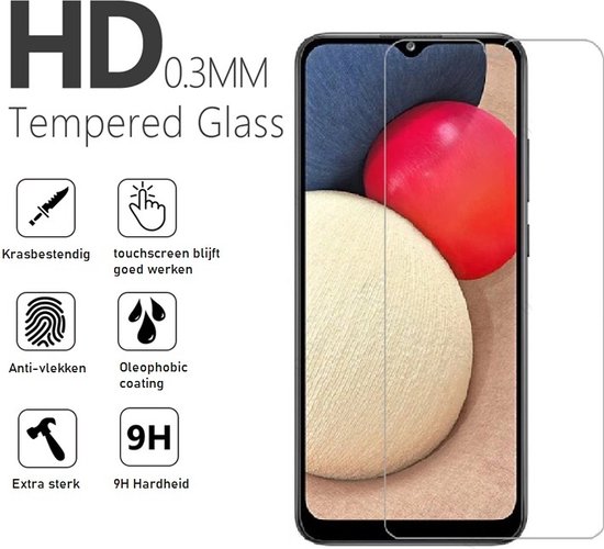 Tempered Glass screenprotector met tekst 'HD 0.3MM Tempered Glass' en icoontjes.