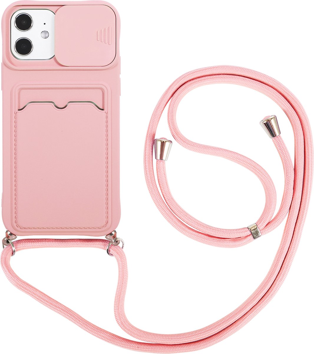Hoesje geschikt voor iPhone 13 Mini - Backcover - Koord - Pasjeshouder - Portemonnee - TPU - Roze