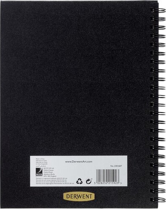 Derwent A4  Spiraalgebonden Schetsboek met Harde Kaft voor Tekenen en Schrijven - 86 Vellen - Zuurvrij Papier - Professionele Kwaliteit - Zwart - Derwent